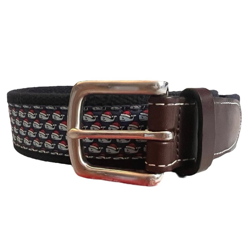 Vineyard Vines Boys Whale Belt, Santa Hat Holiday Print, Leather & Canvas